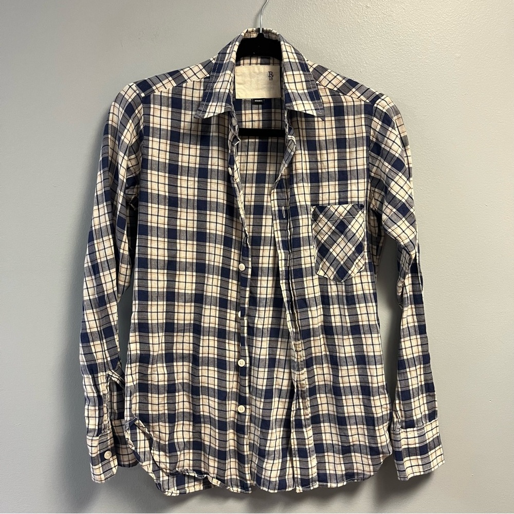 R13 Button Up Shirt Wool & Cotton Plaid Long Sleeve Japanese Fabric Sz XS EUC